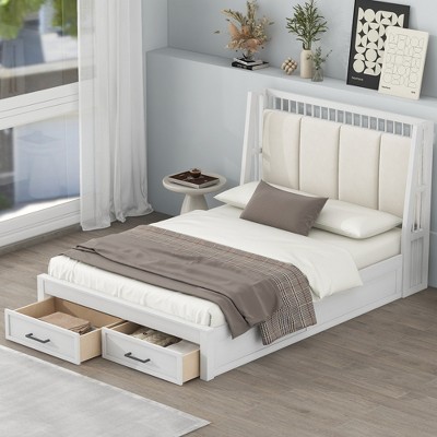 Queen/Full Size Wood Platform Bed Frame with Upholstered Headboard and 2 Drawers, Antique White -ModernLuxe