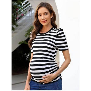 maternity dress Women's Maternity Floral  Puff Sleeve Tunic Blouse - 1 of 4