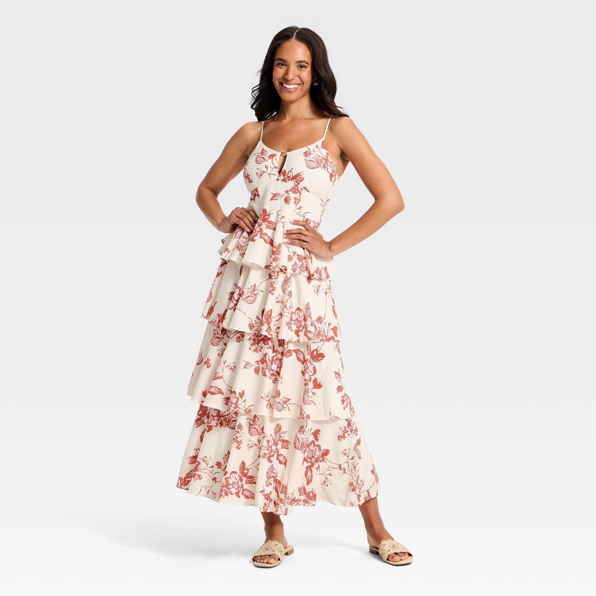 Women's V-Neck Tiered Ruffle Maxi Dress - A New Day™ Cream/Brown Floral