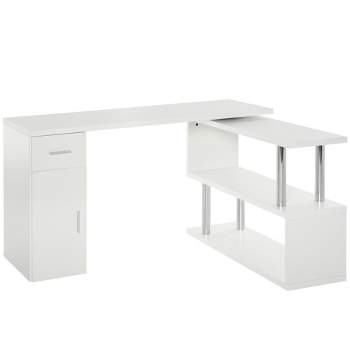 Folding Computer Desk with Storage Shelves, 360 Rotating L-Shape Corner Desk for Home Office Small Space - White