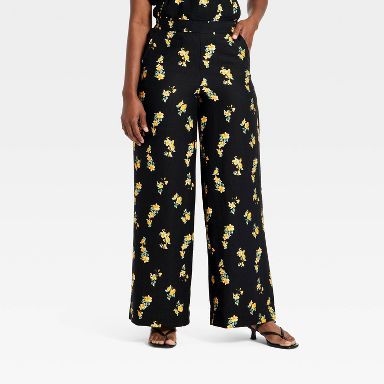 Women's Slub Crepe Printed Pants - A New Day™ Black Floral XS
