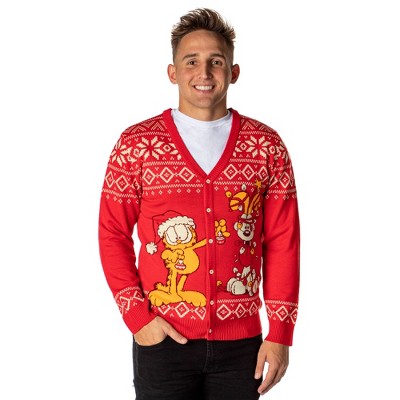 Seven Times Six Garfield Men's Odie and Garfield Ugly Sweater Button-Up Knit Cardigan Red