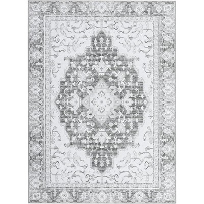 Washable Vintage Floral Runner Rug- Non-Slip Print, Non-Shedding, Soft Foldable Carpets(Grey)