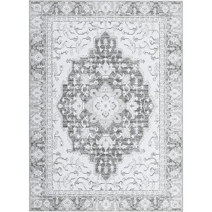 Washable Vintage Floral Runner Rug- Non-Slip Print, Non-Shedding, Soft Foldable Carpets(Grey) - 1 of 4