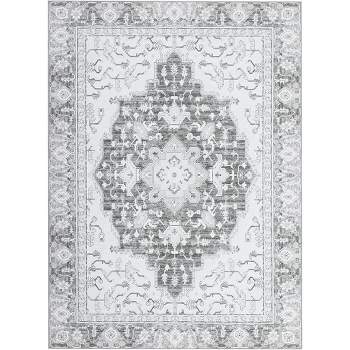Washable Vintage Floral Runner Rug- Non-Slip Print, Non-Shedding, Soft Foldable Carpets(Grey)