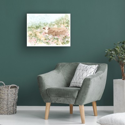 Cow Meadow Watercolor Canvas Art with Wood Frame
