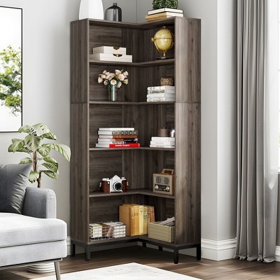 Kumasinova Modern 6-Tier Corner Bookcase,Wooden L-Shaped Etagere Bookshelf Storage Organizer with Metal Legs for Living Room,Bed Room,Gray