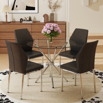 5-Piece Dining Set with Round Tempered Glass Table and 4 Armless Chairs
