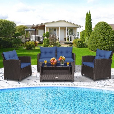 Costway 4 PCS Patio Rattan Furniture Set Glass Table Shelf Sofa Cushion