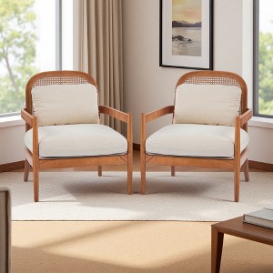 26.6" Fabric Mid-Century Accent Chairs Set of 2 with Walnut Frame and Rattan Backrest - 1 of 4