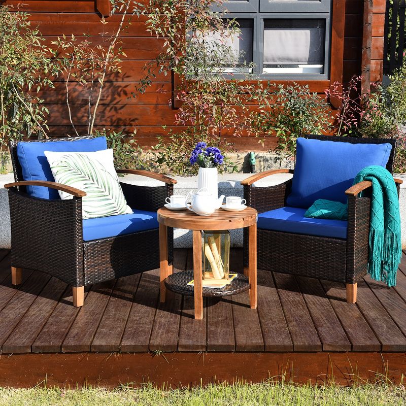 Costway 3PCS Patio Rattan Furniture Set Wooden Frame Cushion Table Shelf Red\Beige\Blue, 1 of 13