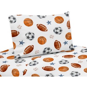 Sweet Jojo Designs Boy Kids Twin Sheet Set Watercolor Sports Theme Blue Brown and Orange 3pc - 1 of 4