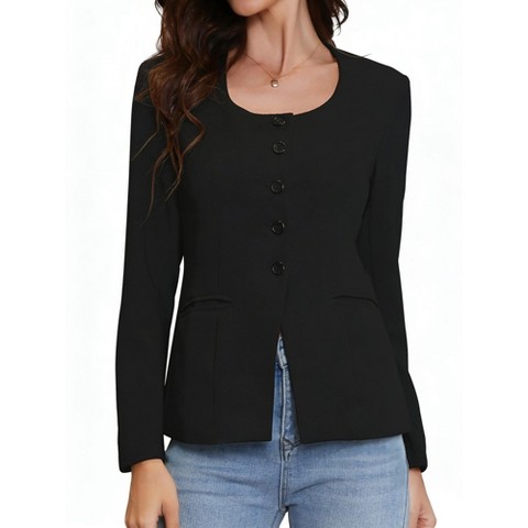 Женские пиджаки INSPIRE CHIC Women's Button Down Scoop Neck Split Hem Business Casual Work Fitted Blazer Medium Black