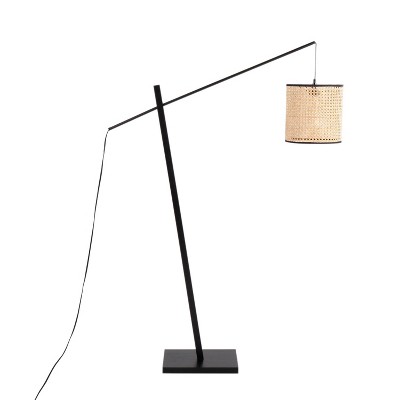 Arturo Black Wood and Steel Floor Lamp with Rattan Shade