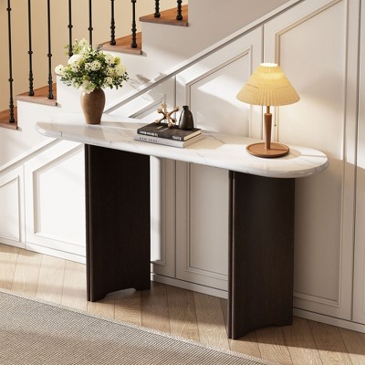 NicBex Narrow Console Table with Oval Marble Top & Triangular-Designed Legs,Accent Entryway Table for Living Room,Espresso