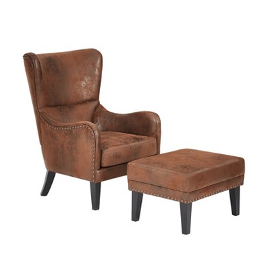 Vynxaria Vintage Distressed Lounge Chair with Ottoman,Classic Tufted Design & Nailhead Trim for Living Room, Study, Bedroom