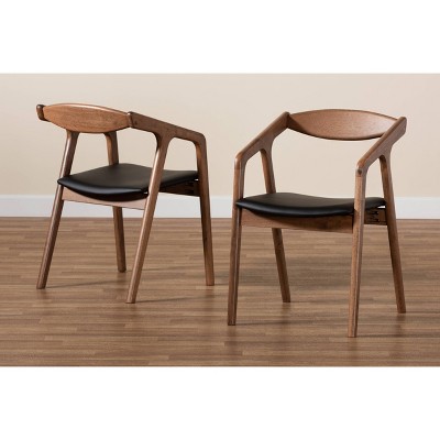Harland Mid-Century Modern Black Faux Leather & Walnut Arm Chair