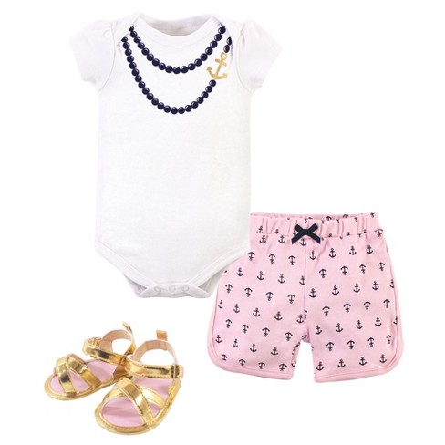 Little Treasure Baby Girl Cotton Bodysuit, Pant and Shoe 3pc Set, Anchor Necklace - image 1 of 4