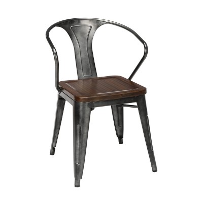 Set of 4 18" Industrial Modern Mid Back Galvanized Steel Chairs with Arms and Solid Ash Wood Seats Gunmetal/Walnut - OFM