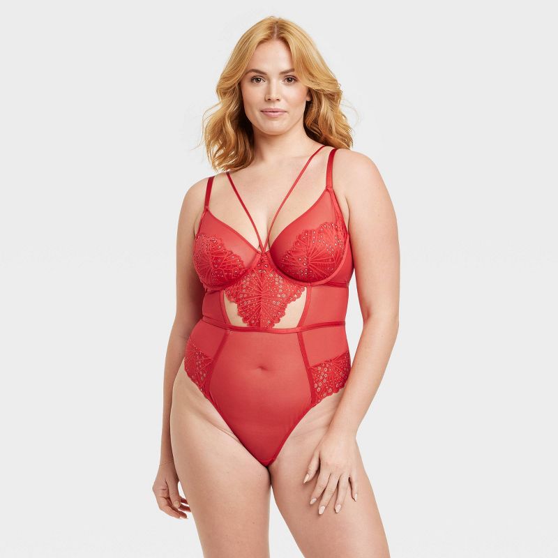 Women's Lace and Mesh Lingerie Bodysuit - Auden&#8482; Red, 4 of 7