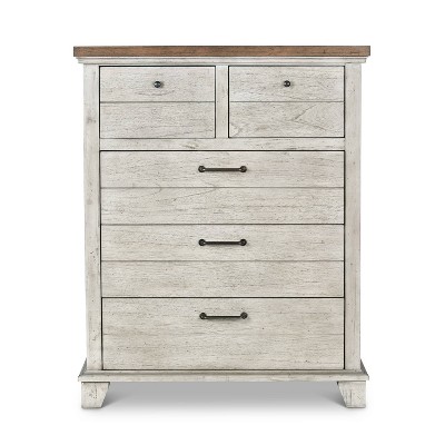 Rustic Ivory Farmhouse Chest with Honey-Stained Top and Deep Drawers