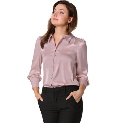 INSPIRE CHIC Women's Puff Long Sleeve Point Collar Vintage Button Work Satin Shirt