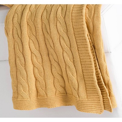 Yellow Cotton Cable Knit Reversible Throw Blanket