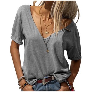Imily Bela Womens T Shirt Deep V Neck Short Sleeve Casual Fit Basic Fashion Top - 1 of 4