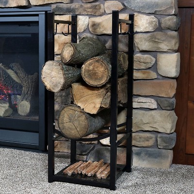 Sunnydaze Black Steel 32" Indoor/Outdoor Firewood Log Rack with Hooks