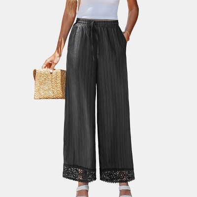 Women's Crinkled Wide-Leg Pants with Lace Trim - Cupshe