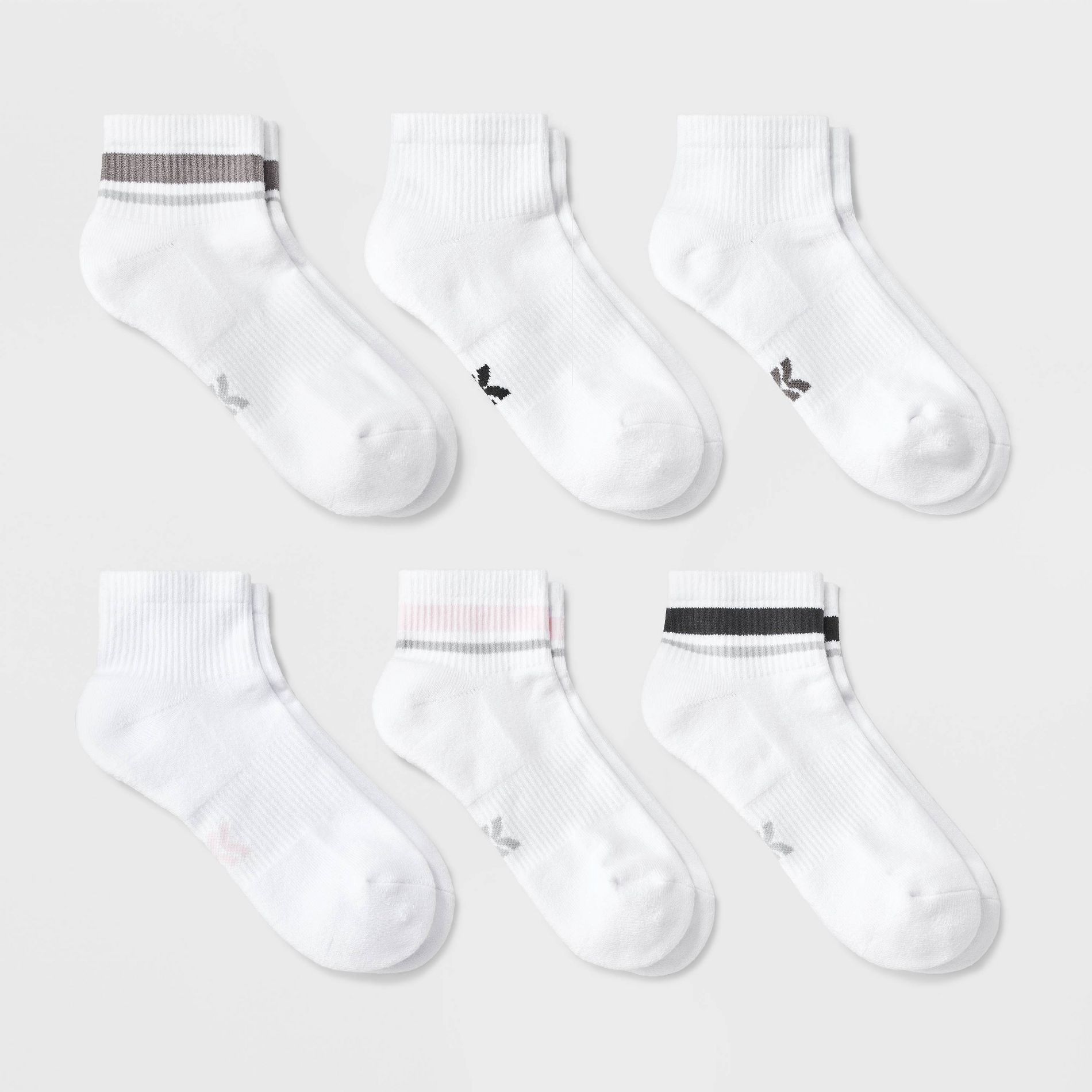 Women's Striped Cushioned 6pk Ankle Socks - All In Motion™ White/Pink 4-10: Arch Support, Knit Fabric