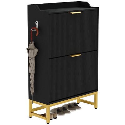 Fluted Shoe Cabinet with 2 Flip Drawers - Slim Modern Shoes Rack with Metal Legs, Hidden Storage Organizer for Entryway, Hallway, Bedroom, Apartment