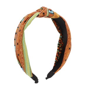Unique Bargains Women's Elegant Knotted Printed Wide Hairband Yellow Orange Green 1 Pc - 1 of 3
