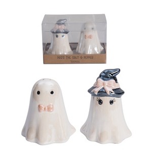 Transpac Dolomite Pearlized Ghost Bow Tie Salt and Pepper Shakers Ceramic Halloween Decor for Festive Dining - 1 of 1