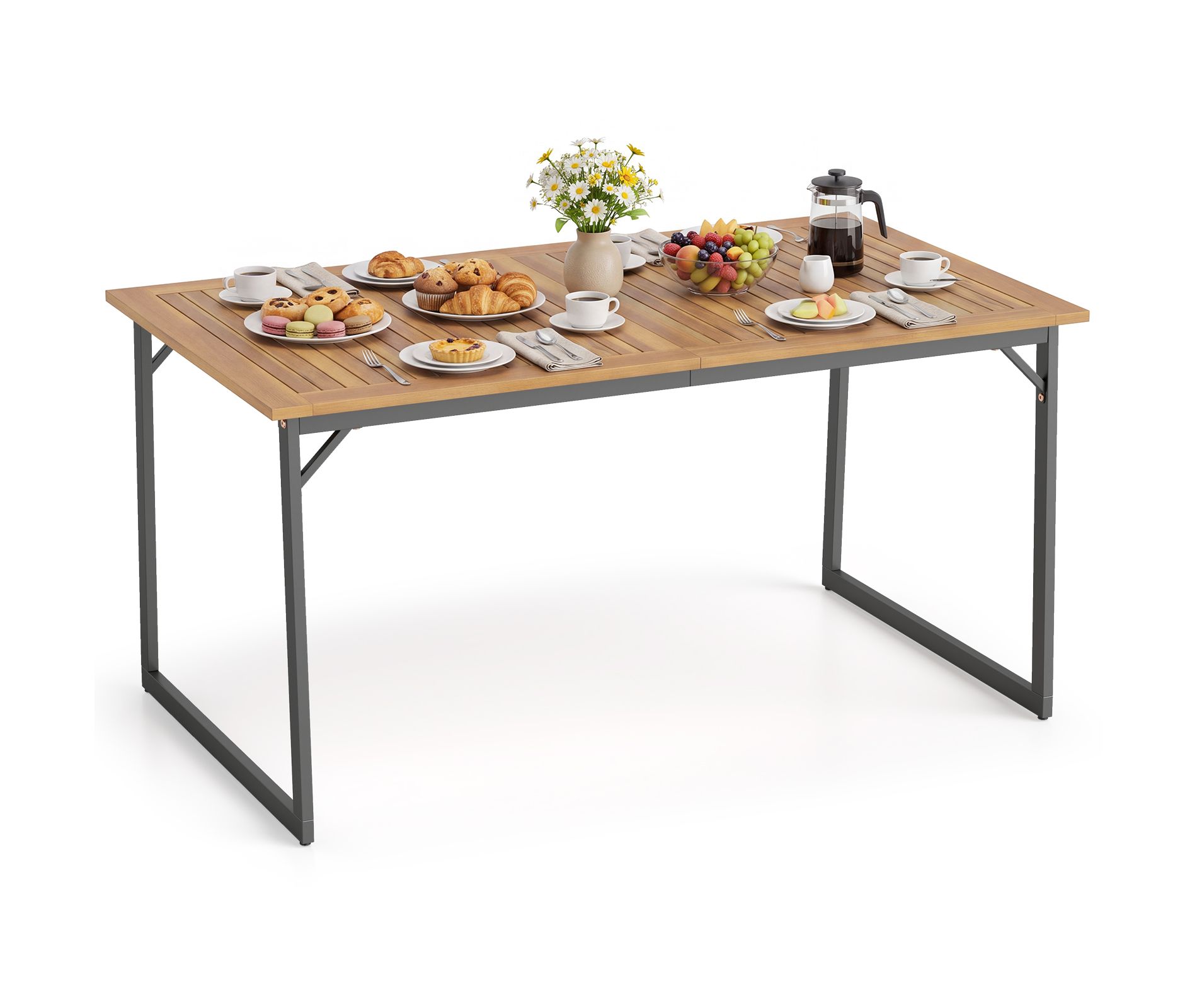 Costway Rectangular 6-Person Outdoor Table with 1.97" Umbrella Hole,Slatted Top,Metal Legs Natural 53" x 33.5"