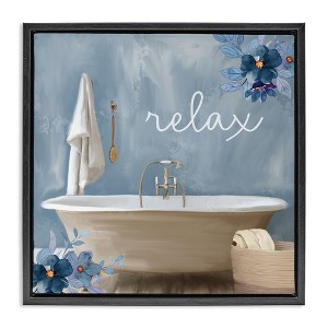 Stupell Industries Blue Floral Relax Bathroom Scene Floating Frame Canvas Art - 1 of 4