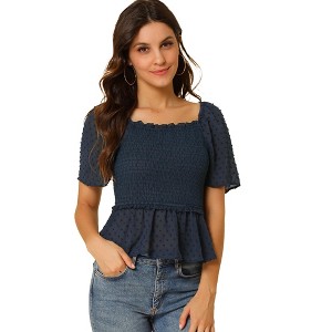 Allegra K Women's Smocked Square Neck Semi-Sheer Ruffle Summer Swiss Dots Blouse - 1 of 4