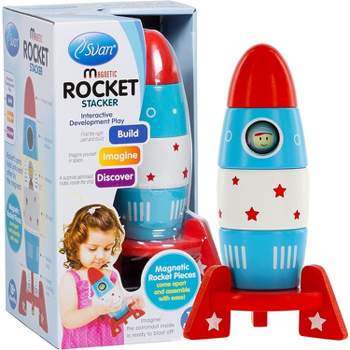 Wooden Stacker Toy Space Rocket - 6 Magnetic Stacking Pieces - Magnet Building Set w Astronaut Inside, Fun Game for Kids