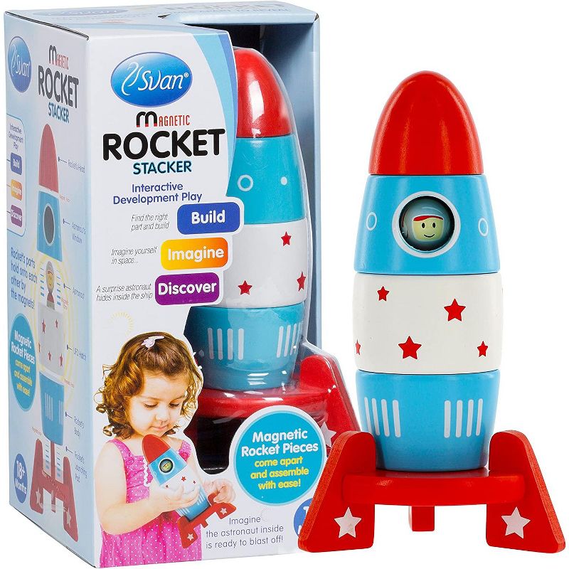 Wooden Stacker Toy Space Rocket - 6 Magnetic Stacking Pieces - Magnet Building Set w Astronaut Inside, Fun Game for Kids, 1 of 4