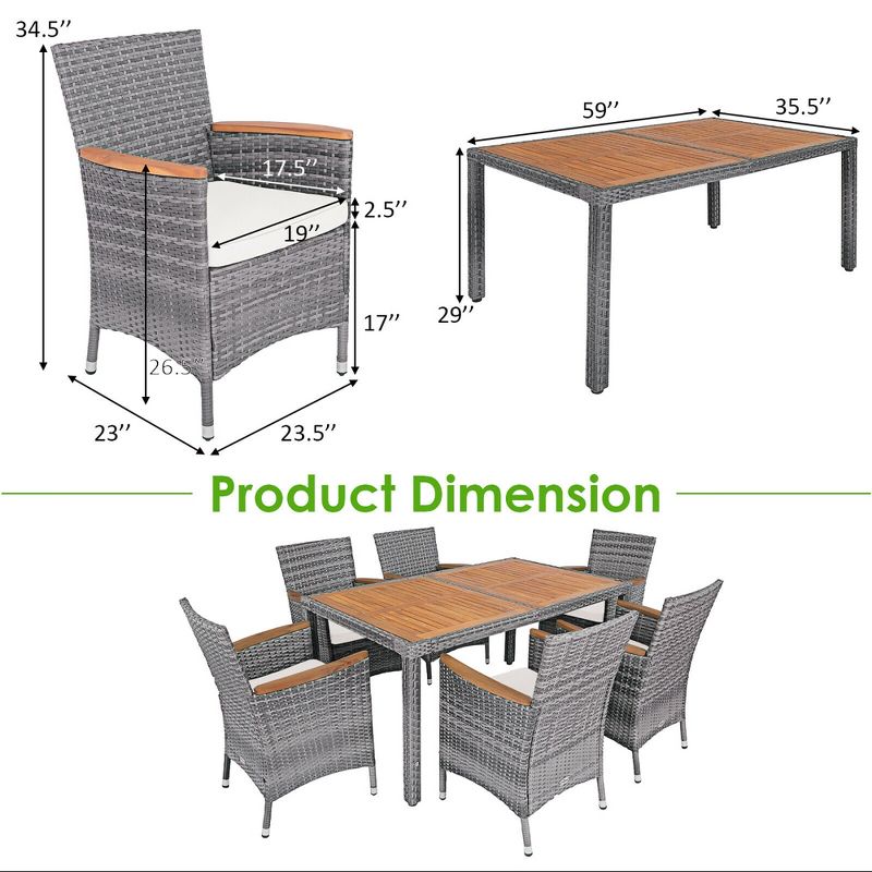Costway 7PCS Patio Rattan Dining Set Acacia Wood Table Cushioned Chair Mix Gray, 5 of 11