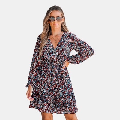 Women's Multicolor Floral Print Long Sleeve Mini Dress - Cupshe