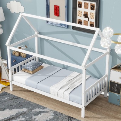 RISOKEYS Twin Size Bed Frame with Headboard and Footboard, Low Rubberwood House Bed for Boys and Girls,No Box Spring Needed