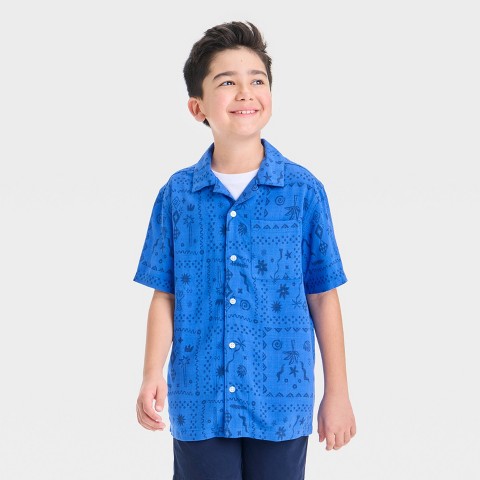 Cat & Jack Boys' Short Sleeve Printed Button-Down Shirt - Cat & Jack™ Blue M: Tropical Botanical Pattern, Camp Collar