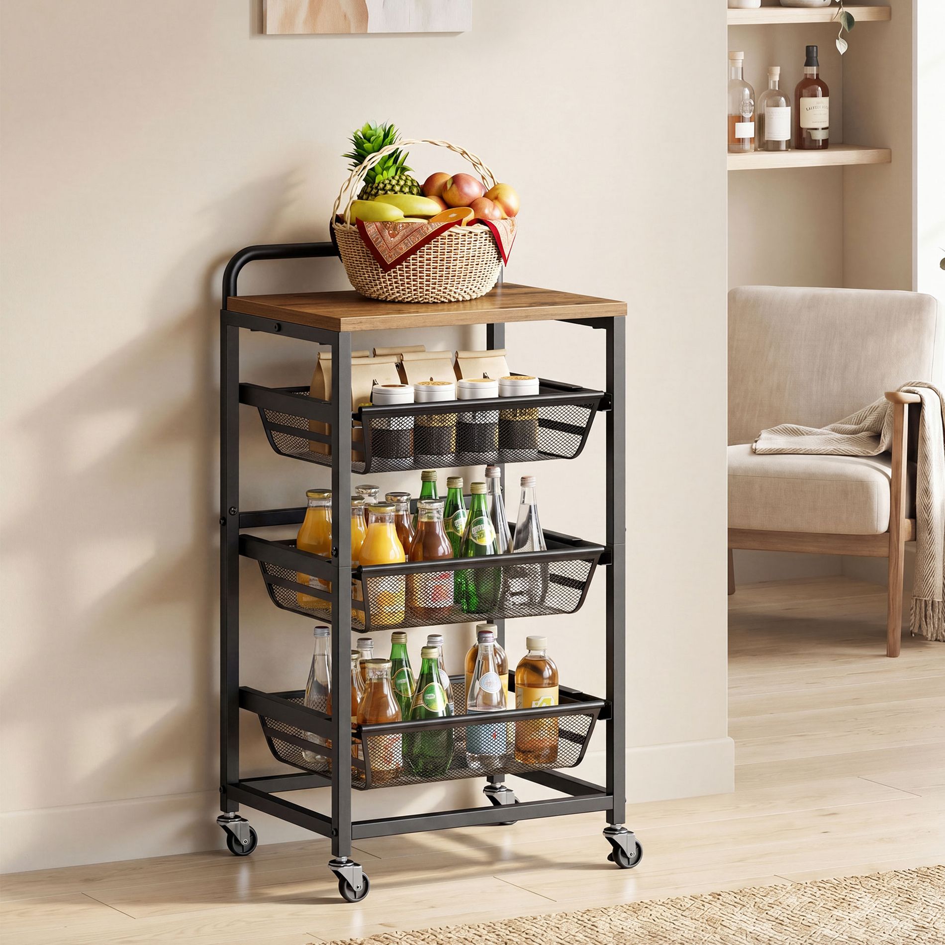 LEDREM 4-Tier Rolling Storage Cart with Drawers, Kitchen Utility Cart, 15.7 x 12.5 x 29.9 Inches, Brown and Black