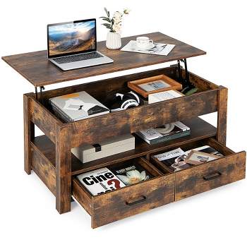 Costway Lift Top Coffee Table with 2 Storage Drawers &Hidden Compartment for Living Room