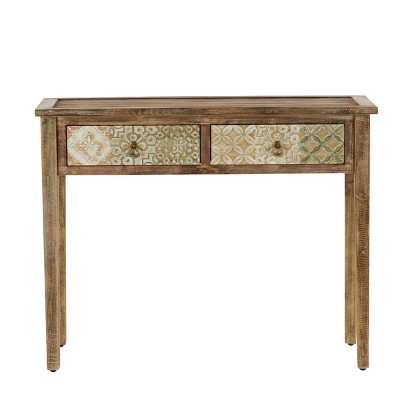 Natural Wood Desk with Carved Drawers Brown - Olivia & May