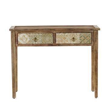 Natural Wood Desk with Carved Drawers Brown - Olivia & May