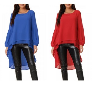 INSPIRE CHIC Women's Lantern Long Sleeve Round Neck High Low Irregular Hem Casual Blouse 2 Packs - 1 of 4