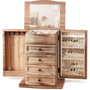 Carbonized Brown Wooden Jewelry Box with Mirror and Drawers for Necklace Ring Bracelet Storage - 1 of 4