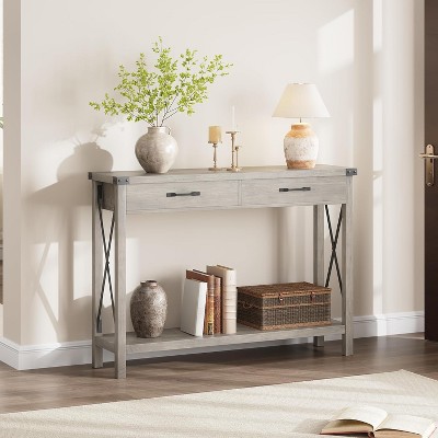 Farmhouse Console Table, 47 Inch Narrow Long Entryway Table with 2 Drawers Storage, 2 Tier Wood Console